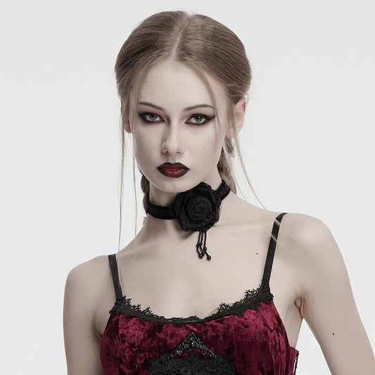 Gothic Floral Embroidered Rose Velvet Choker Black