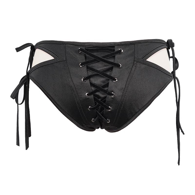 Gothic Black Lace-up Detailed Bikini Bottoms