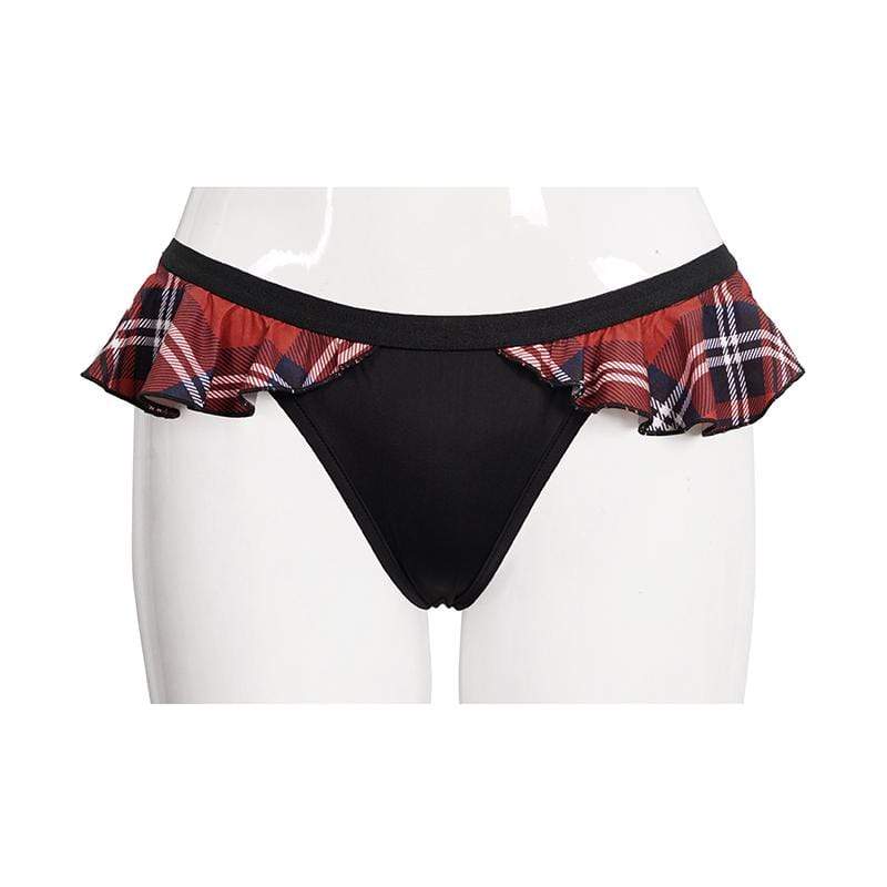 Grunge Black Cheeky Bikini Bottoms with Scottish Check Ruffles