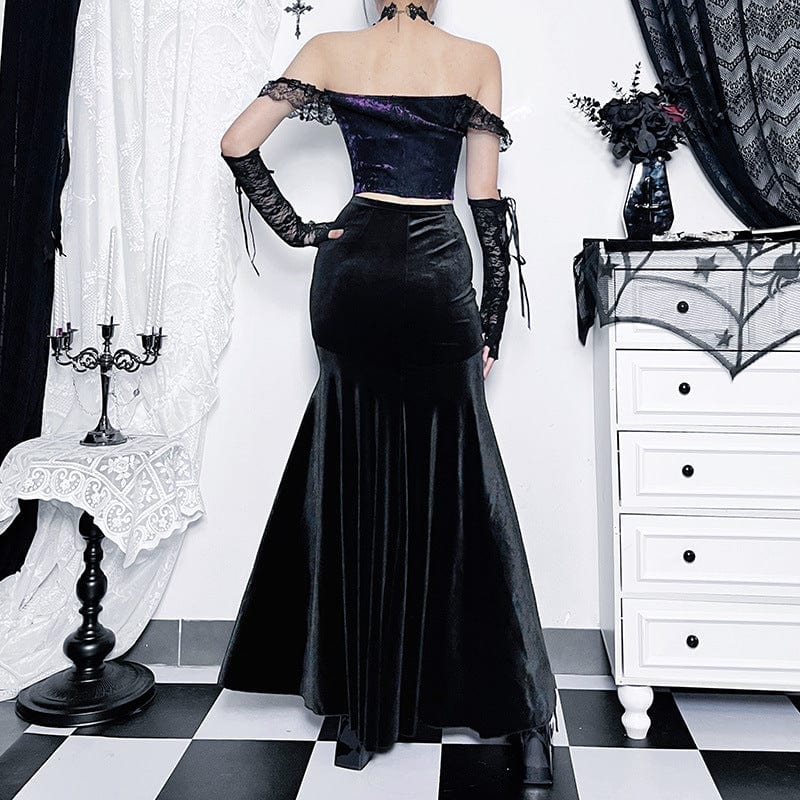 Gothic Black Rose Embroidered Fishtail Maxi Skirt