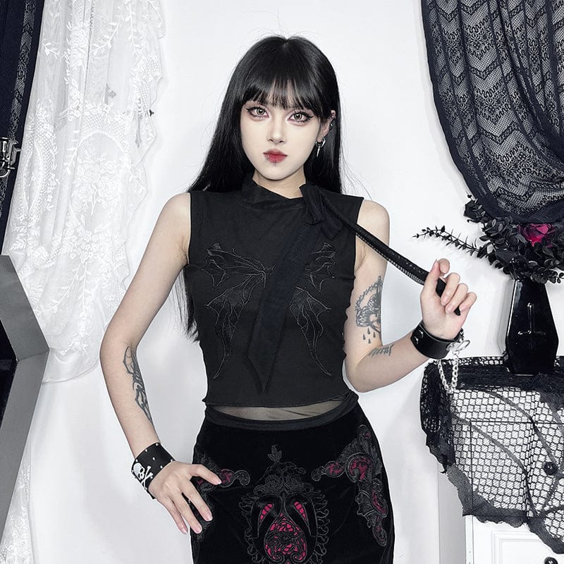 Gothic Butterfly Embroidered Lace-up Tank Top