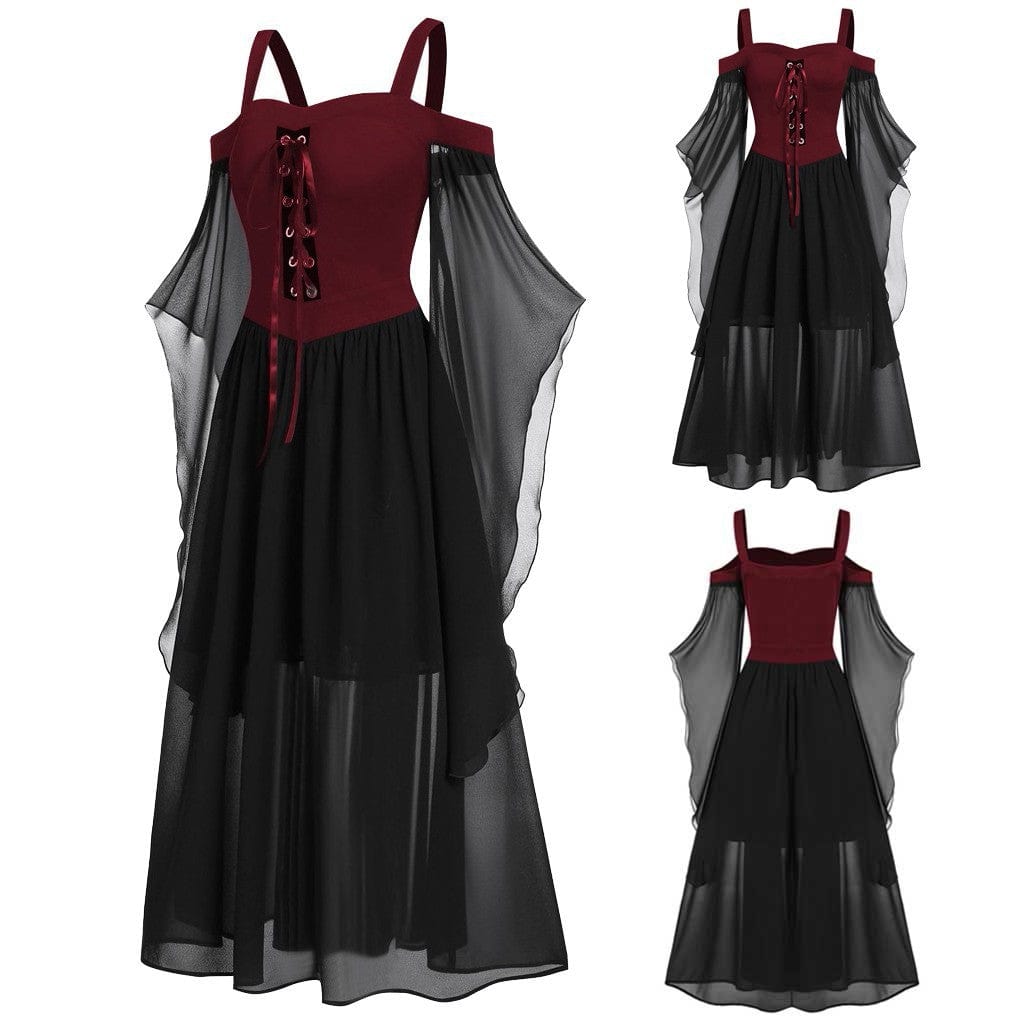 Gothic Contrast Color Flared Sleeved Witch Slip Dress