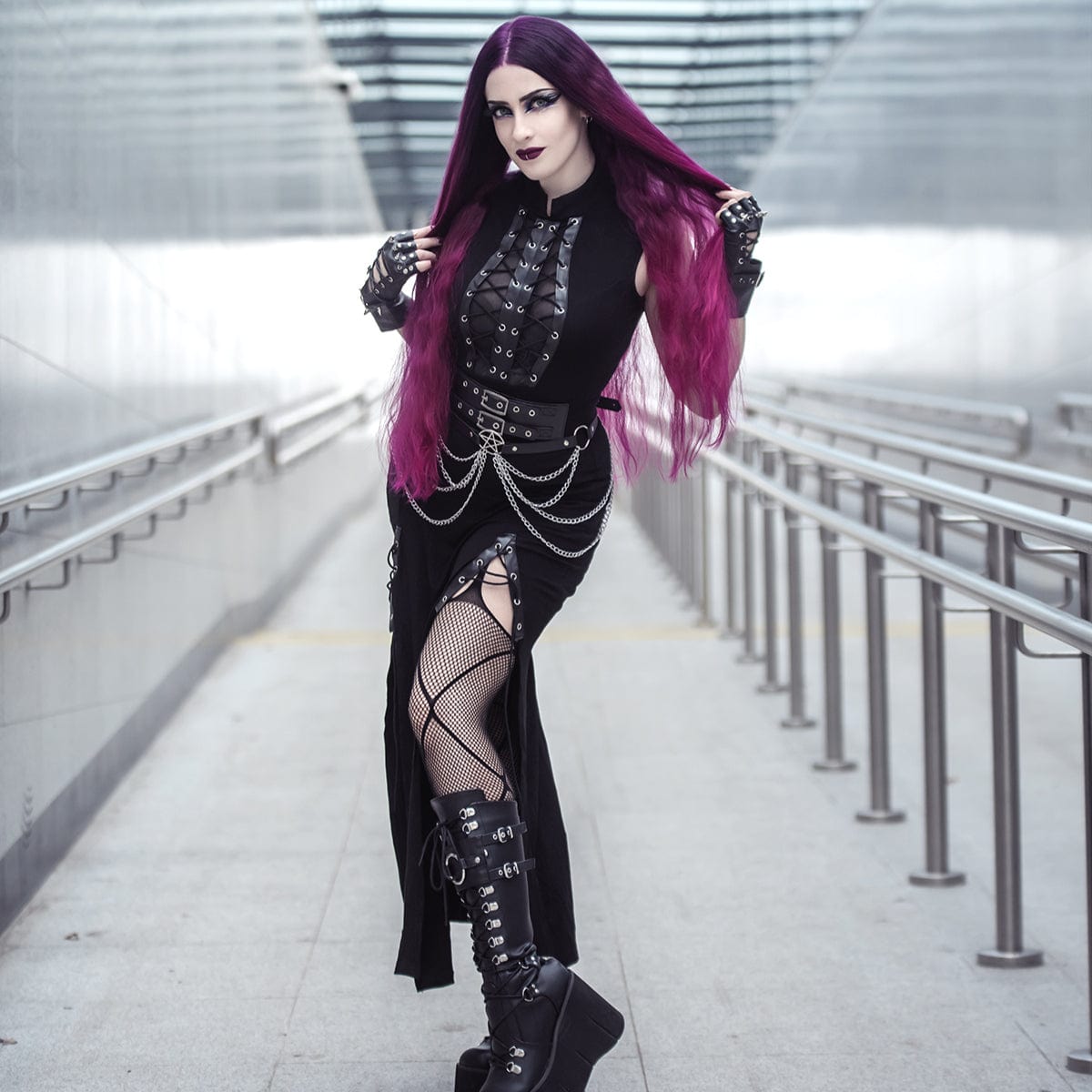 Gothic Cut-out Side Slit Mesh Maxi Dress
