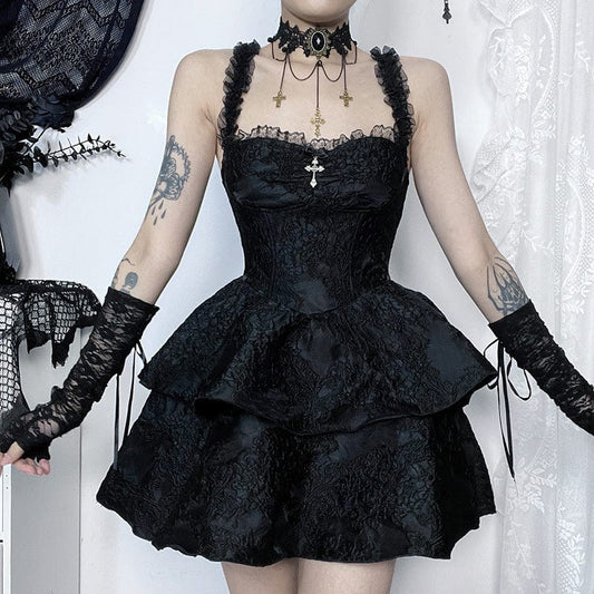 Gothic Embossed Layered Corset Slip Dress Graduation Dress