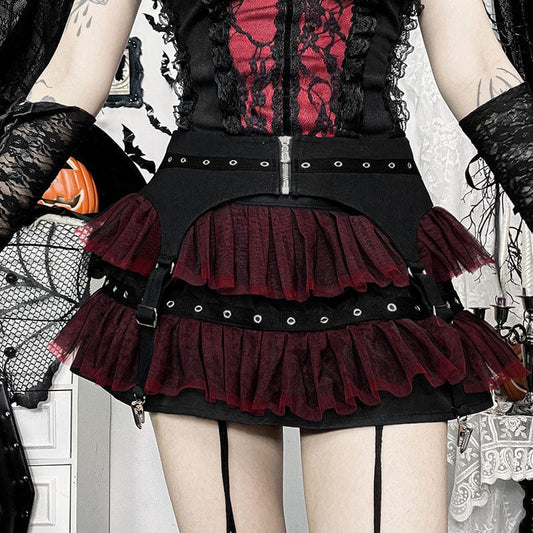 Gothic Mesh Buckle-up Short Skirt Black Red
