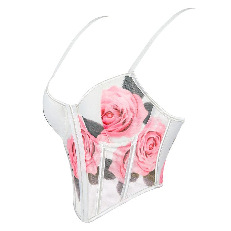Gothic Rose Printed Mesh Lace-up Overbust Corset