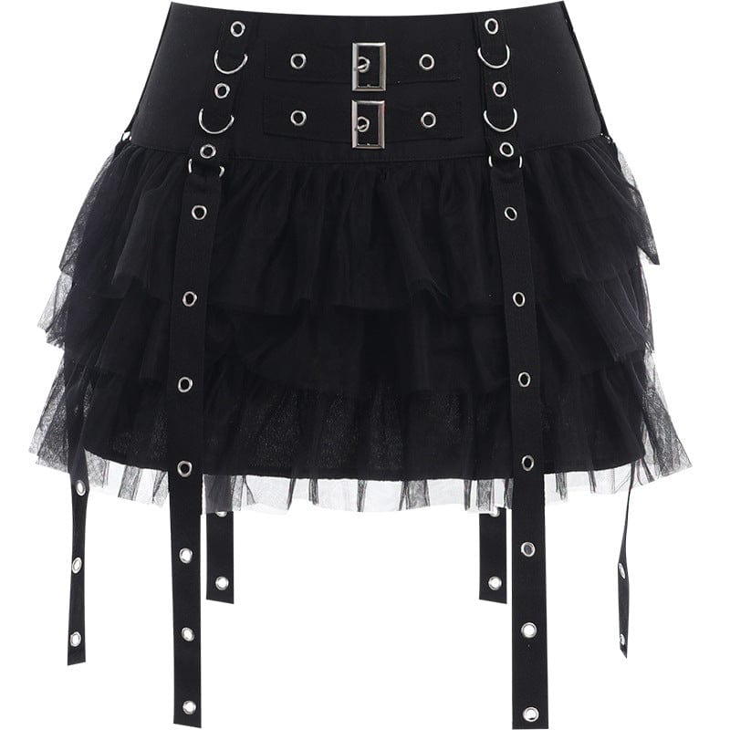 Gothic Strap Splice Mesh Layered Skirt