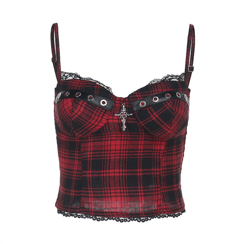 Grunge Cross Lace Hem Plaid Bustier