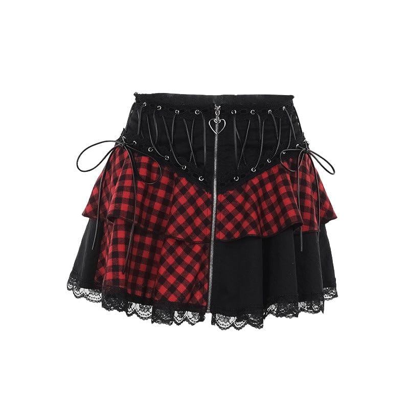 Grunge Lace Plaid Short Skirt Black Red