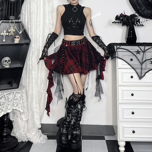 Grunge Mesh Grid Bubble Short Skirt Red