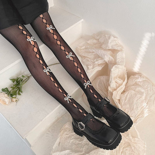 Punk Pearl Bowknot Fishnet Pantynose