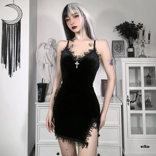 Gothic Plunging Lace Splice Velvet Slip Dress