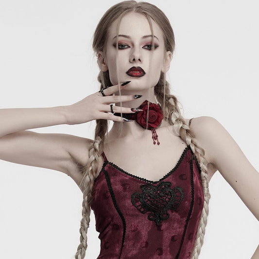 Gothic Floral Embroidered Rose Velvet Choker Red