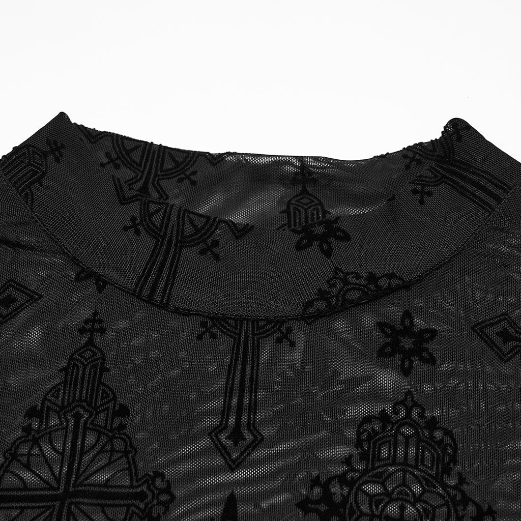 Plus Size Gothic Star Cross Flocking Mesh T-shirt