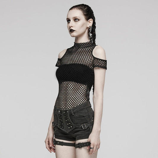 Punk Sheer Cutout Mesh Top Black