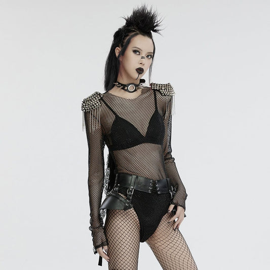 Punk Studded Tassel Mesh Bodysuit Black