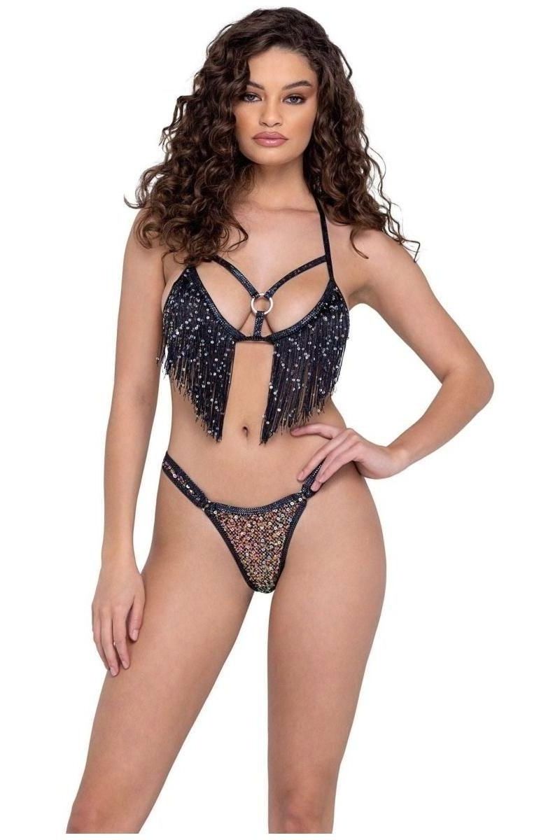 Sequin Fishnet Triangle Tie Top - bunnyboiler