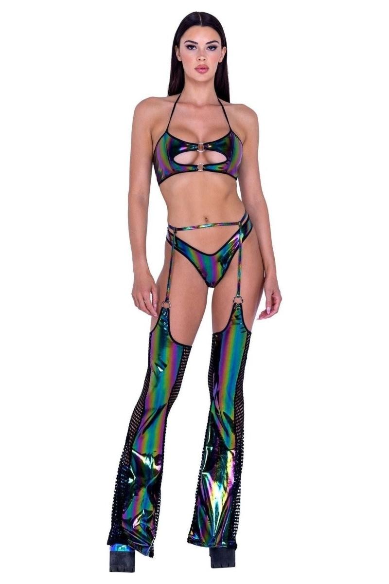 Rainbow Print Vinyl & Fishnet Chaps - bunnyboiler