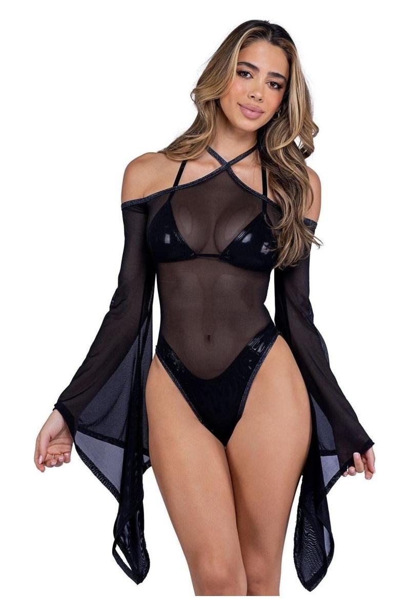 Sheer Mesh Romper with Bell Sleeves - bunnyboiler