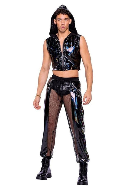 Vinyl with Iridescent Print Cropped Zip - Up Hooded Sleeveless Jacket - bunnyboiler