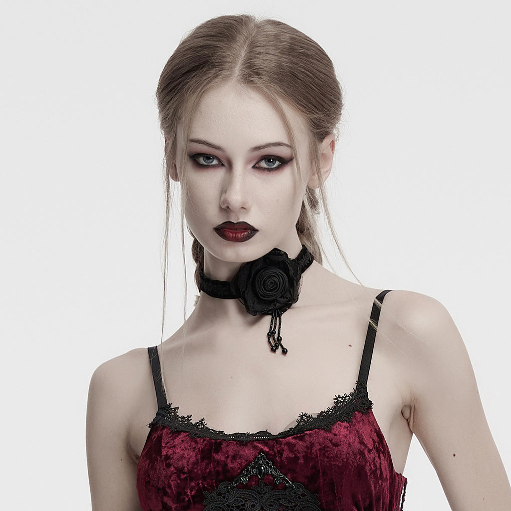 Gothic Floral Embroidered Rose Velvet Choker Black