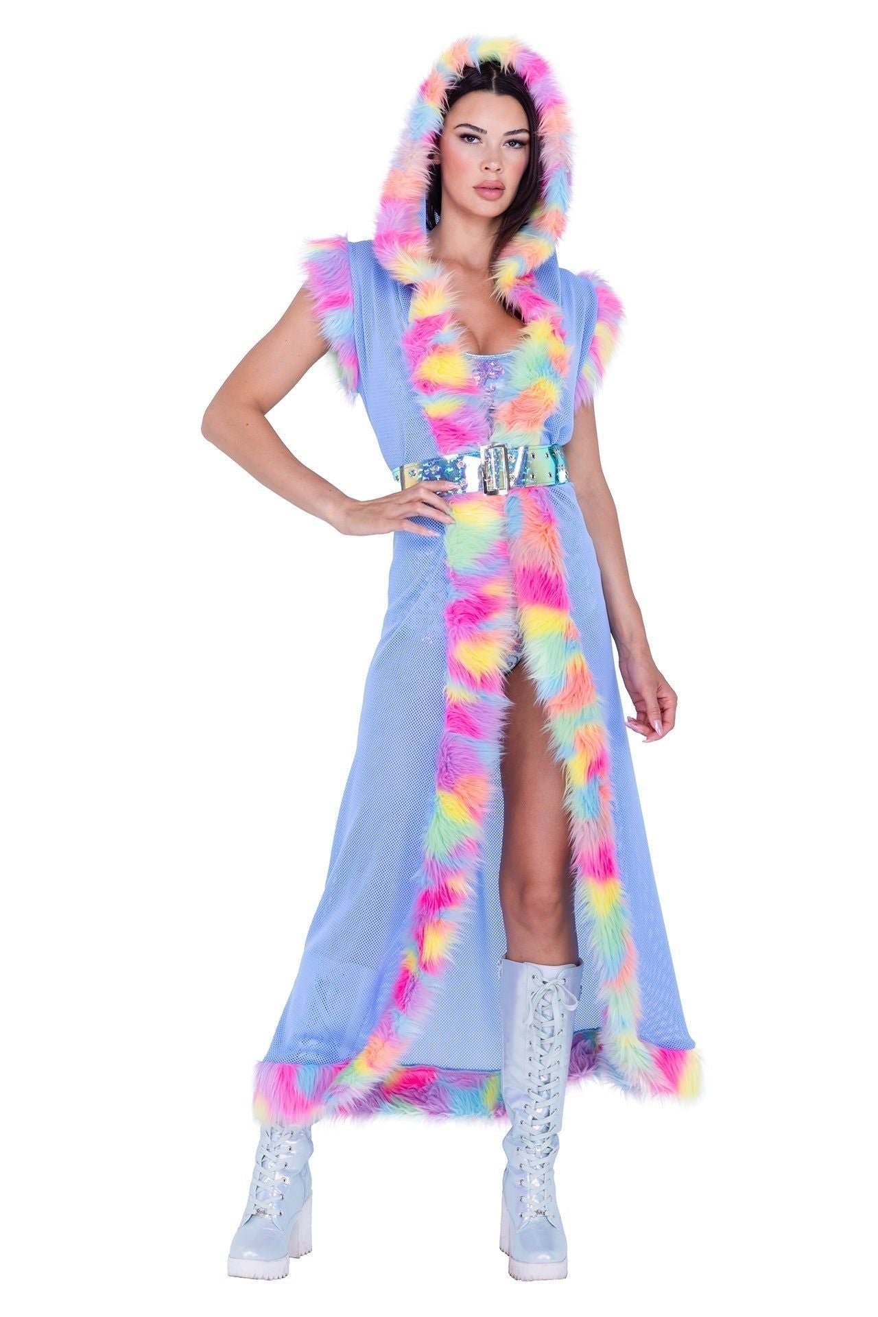 fur trimmed fishnet duster with belt