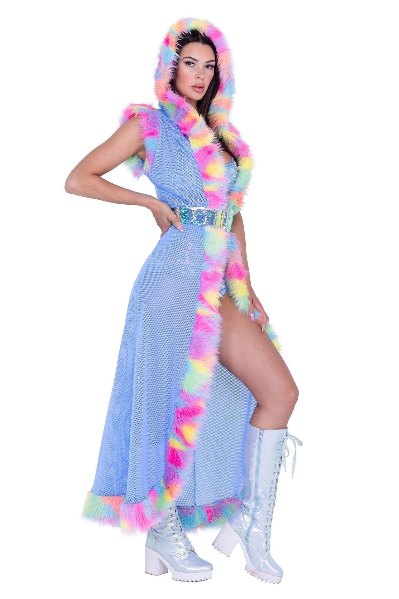fur trimmed fishnet duster with belt