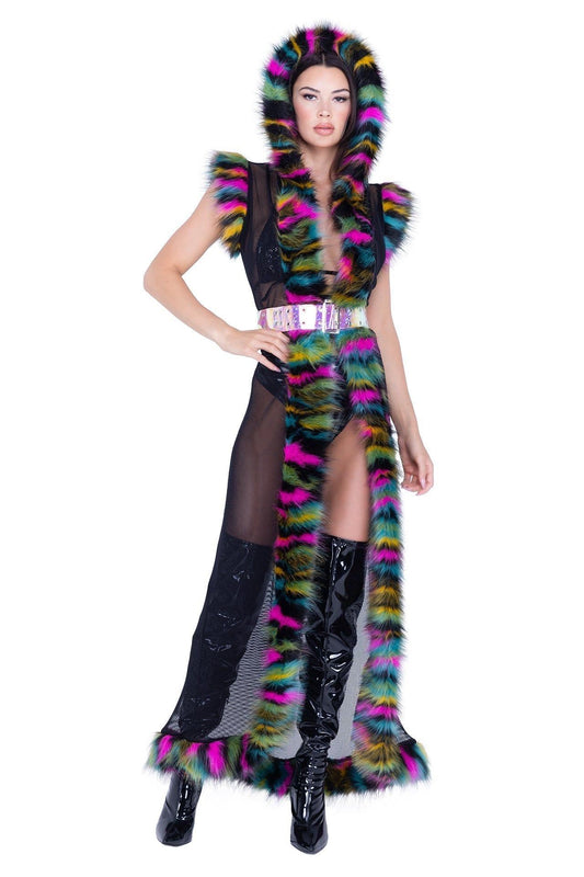 fur trimmed fishnet duster with belt