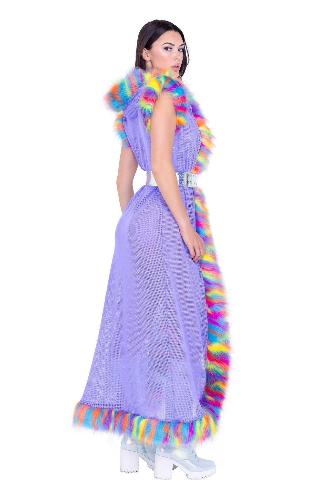 fur trimmed fishnet duster with belt