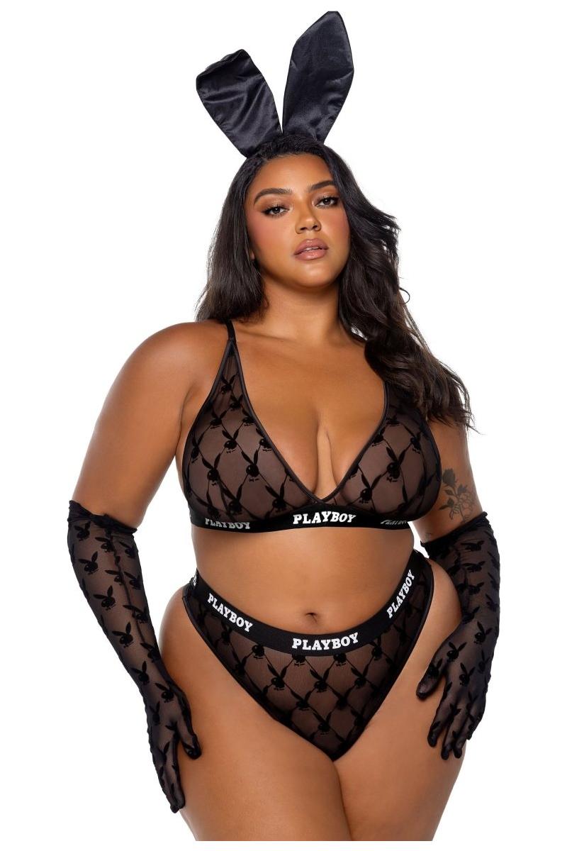 Playboy Flocked Bunny Bralette 2pc Set - bunnyboiler