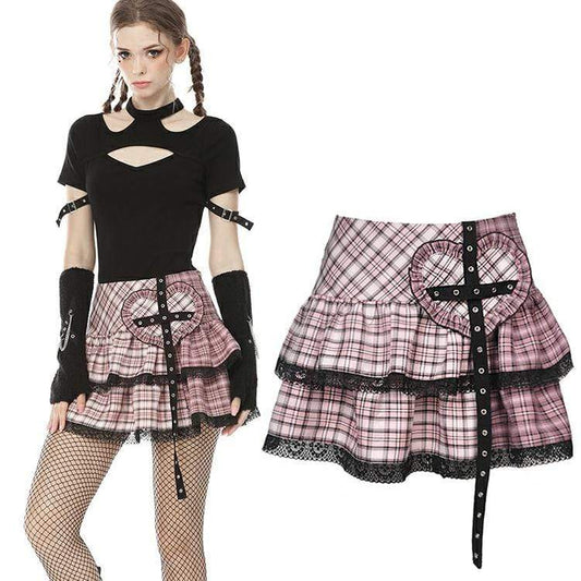 Lolita Rock Heart Pink Plaid Mini Skirts with Lace Hem