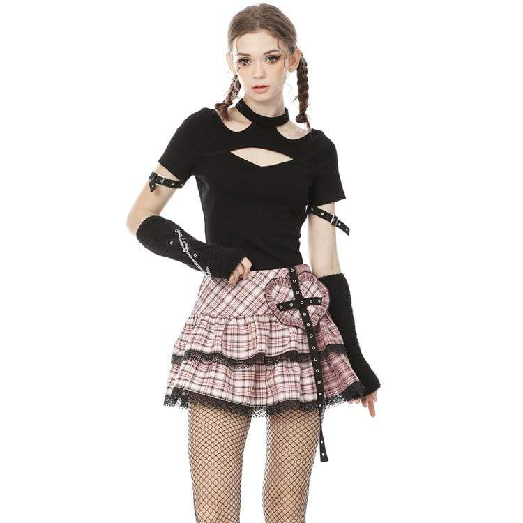 Lolita Rock Heart Pink Plaid Mini Skirts with Lace Hem