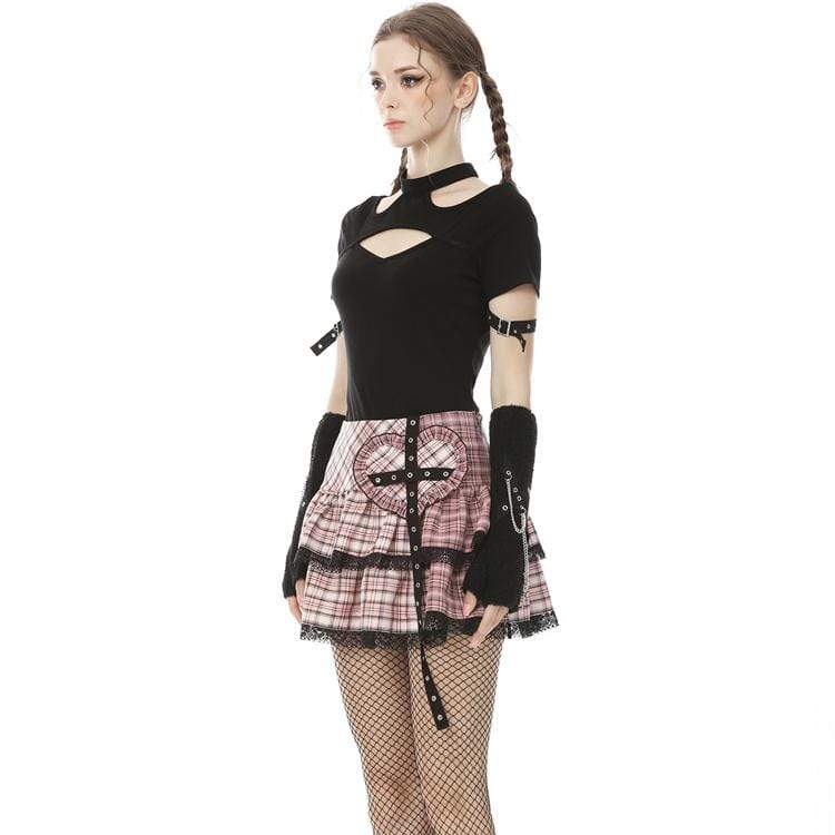 Lolita Rock Heart Pink Plaid Mini Skirts with Lace Hem