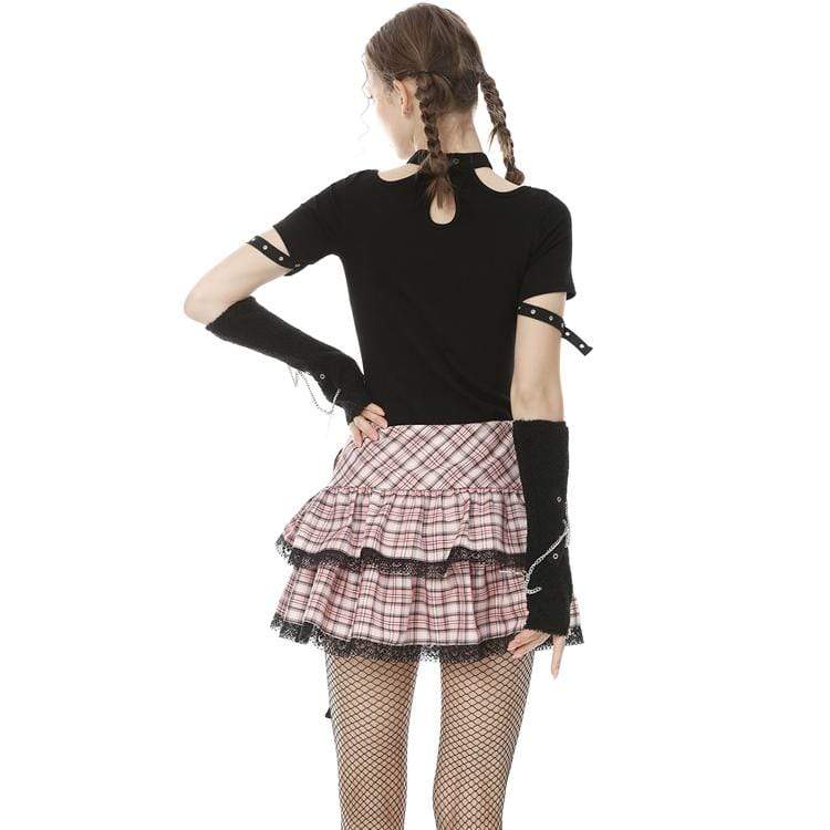 Lolita Rock Heart Pink Plaid Mini Skirts with Lace Hem