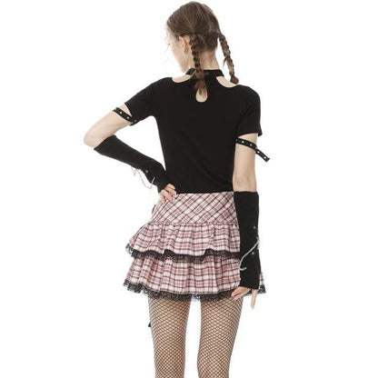 Lolita Rock Heart Pink Plaid Mini Skirts with Lace Hem