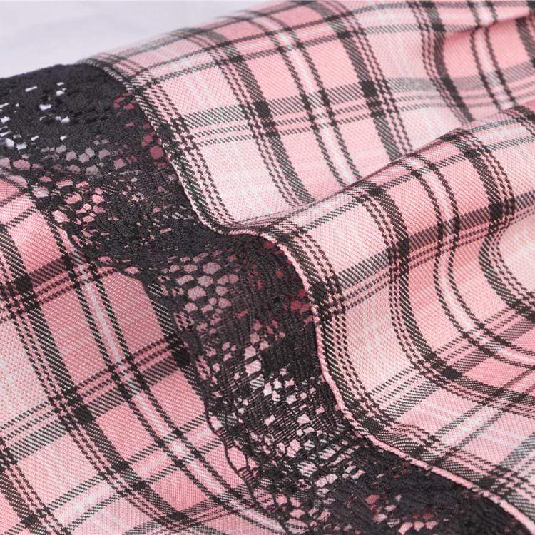 Lolita Rock Heart Pink Plaid Mini Skirts with Lace Hem