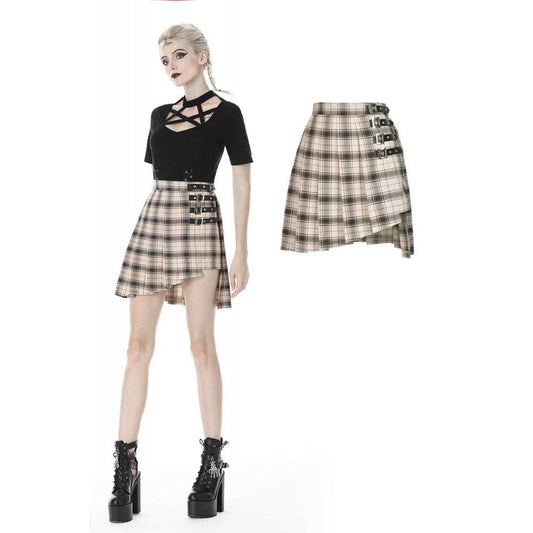 Punk Checked Belts Plaid Pleated Short Skirts