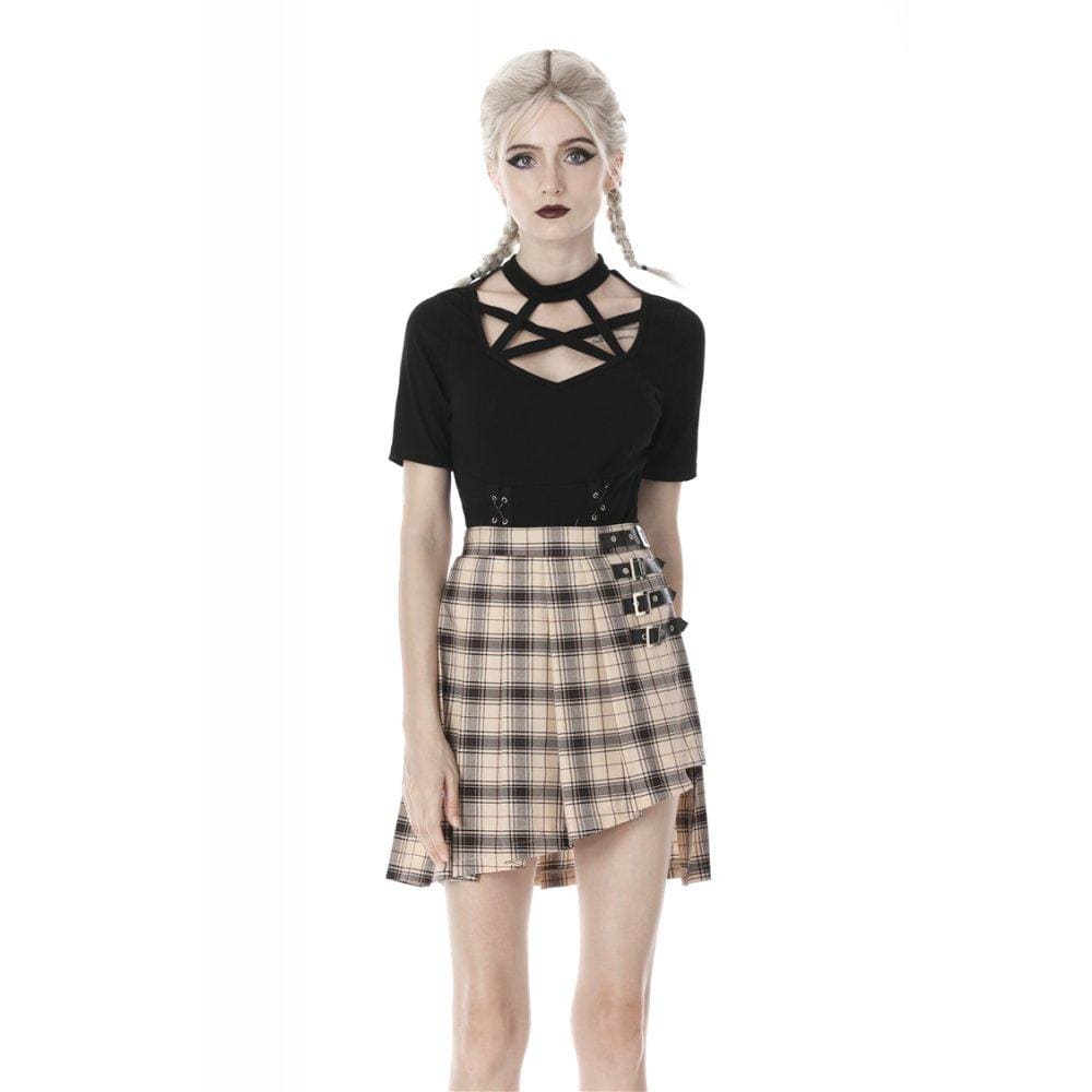 Punk Checked Belts Plaid Pleated Short Skirts
