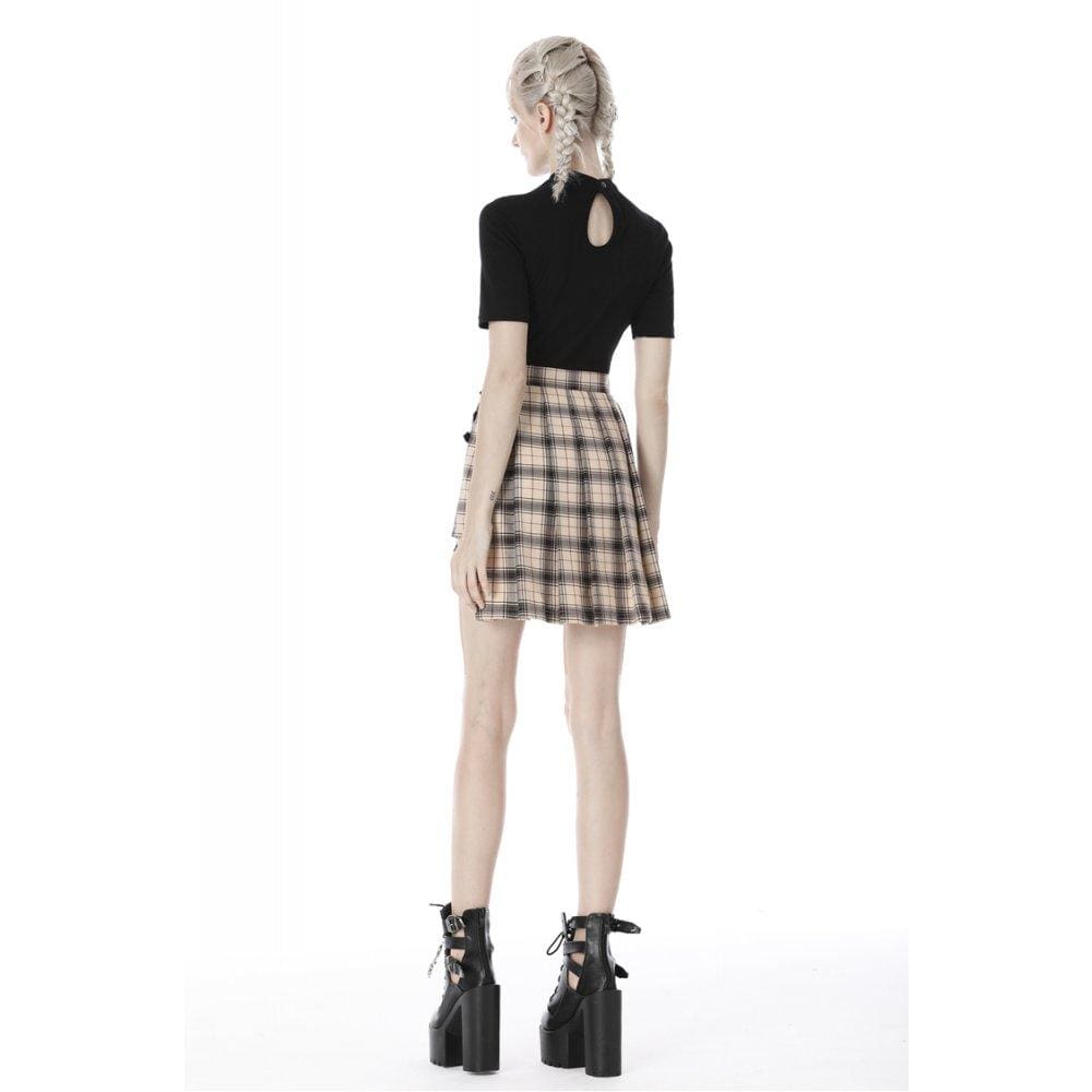 Punk Checked Belts Plaid Pleated Short Skirts