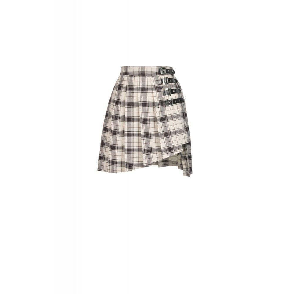 Punk Checked Belts Plaid Pleated Short Skirts