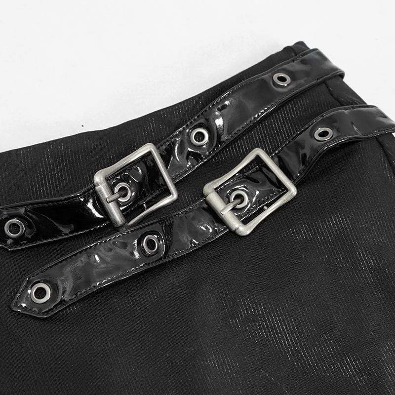 Gothic Black Faux Leather and Lacing Detailed Short Skirts