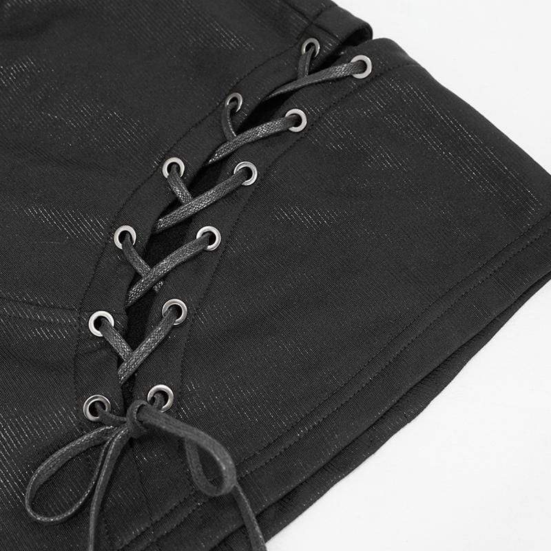 Gothic Black Faux Leather and Lacing Detailed Short Skirts
