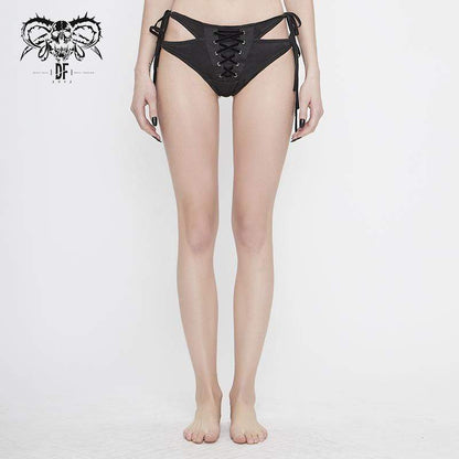 Gothic Black Lace-up Detailed Bikini Bottoms