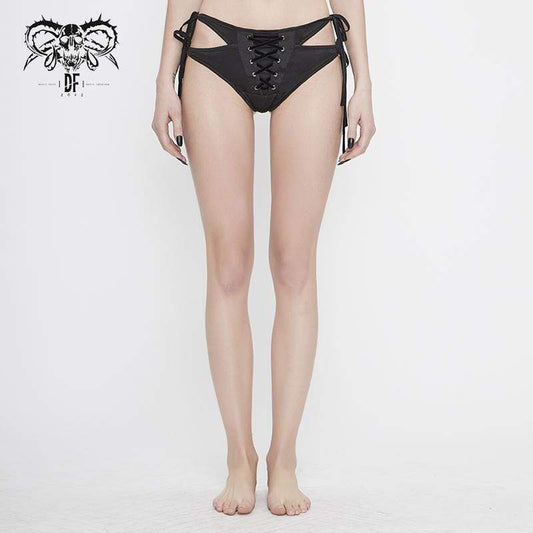 Gothic Black Lace-up Detailed Bikini Bottoms