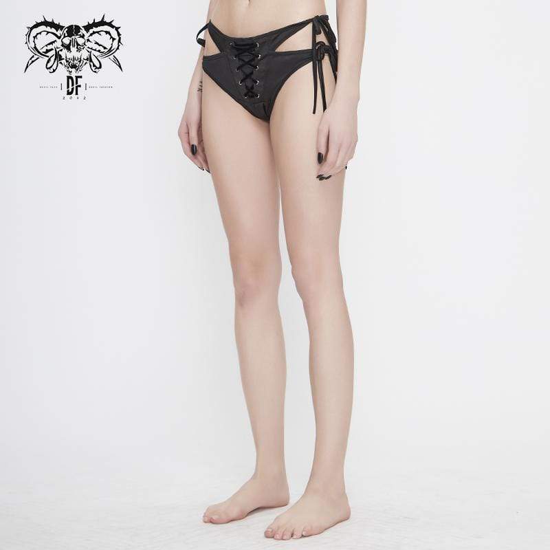 Gothic Black Lace-up Detailed Bikini Bottoms