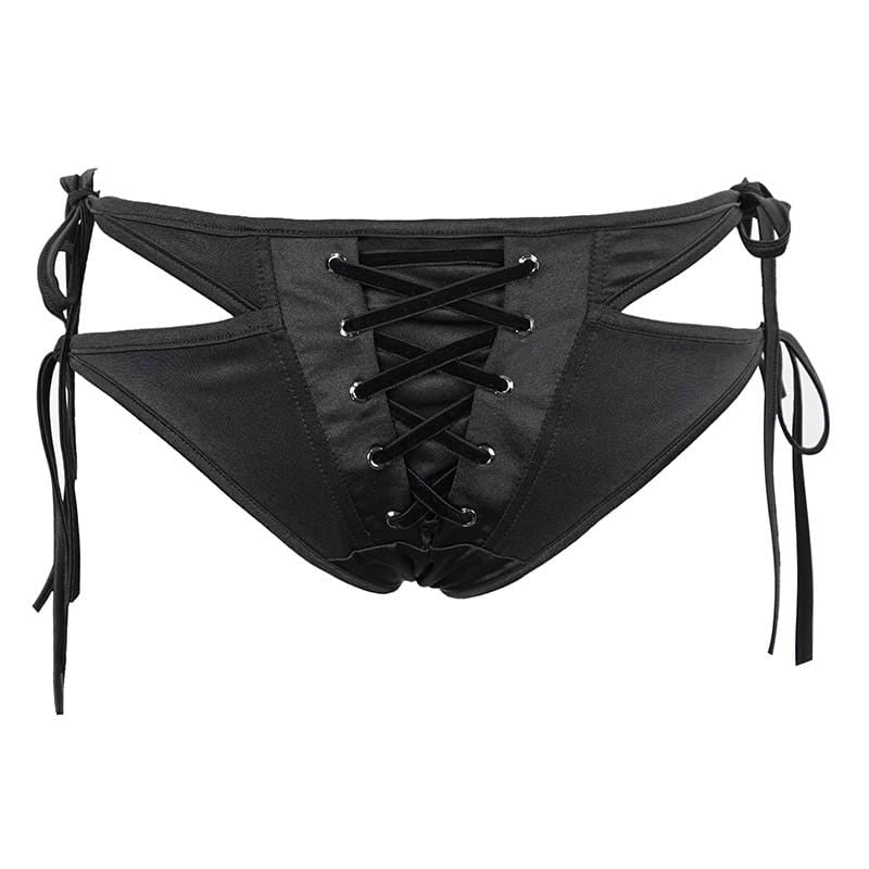 Gothic Black Lace-up Detailed Bikini Bottoms