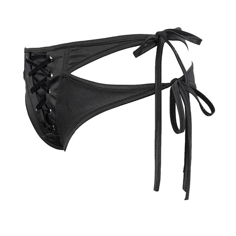 Gothic Black Lace-up Detailed Bikini Bottoms