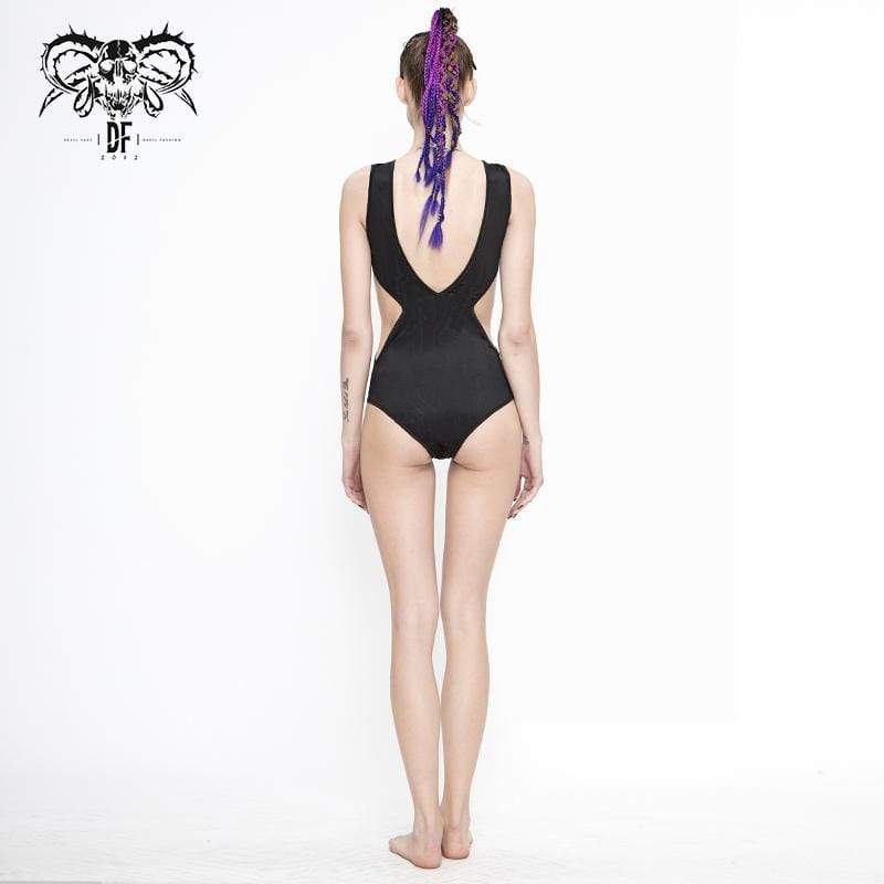 Gothic Black Sleeveless Leotard Swimming Suit