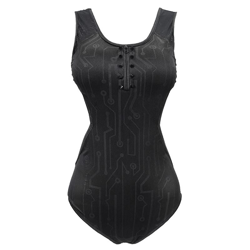 Gothic Black Sleeveless Leotard Swimming Suit