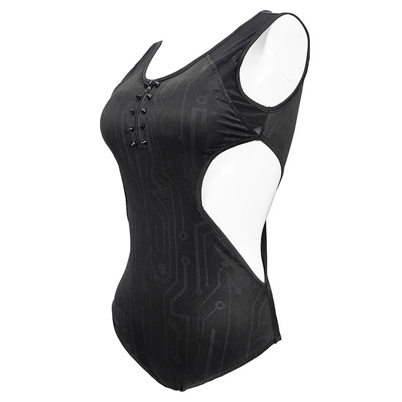 Gothic Black Sleeveless Leotard Swimming Suit